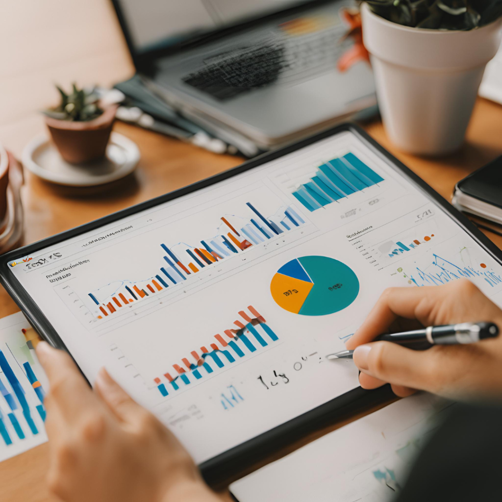 Tablet, Computador, vasos de plantas e outros matériais em uma mesa junto com Dados e estatisticas das estratégias de crescimento da Duomo Marketing