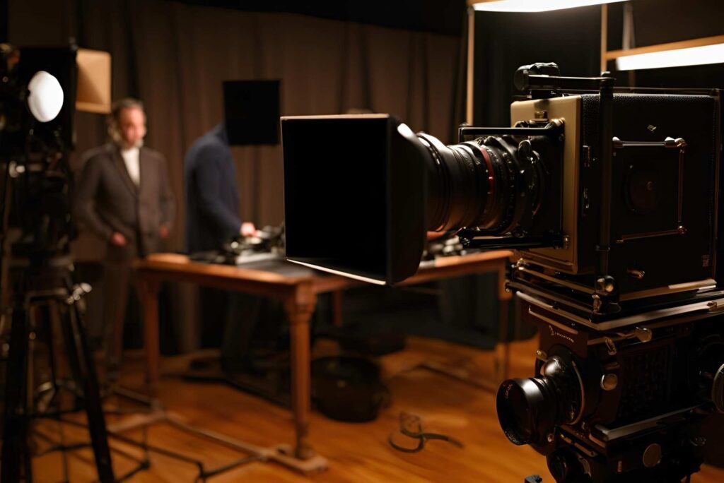 "Gravação Cinematográfica em Estúdio Clássico: Refletindo a Gestão de Marketing da Duomo Marketing, Curitiba" "Gravação de um filme em um estúdio de cinema clássico e elegante, com câmeras profissionais e cenários meticulosamente planejados. O ambiente reflete um alto padrão de produção cinematográfica, com luzes estrategicamente posicionadas e detalhes de decoração clássica que remetem ao luxo e sofisticação. A Duomo Marketing, com sede em Curitiba, utiliza uma metodologia exclusiva de Gestão de Marketing para empresas e marcas, desenvolvendo estratégias personalizadas que garantem conversões máximas e crescimento contínuo."