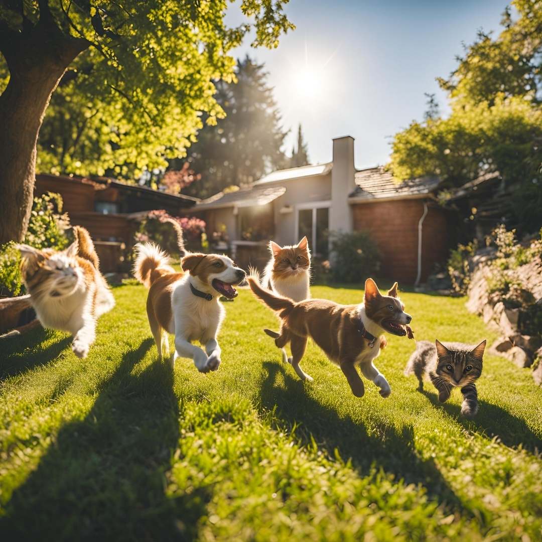 Varios animais de estimação correndo e brincando em um Jardim