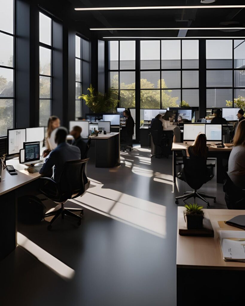 Modernização de Empresa - Duomo Marketing Escritório moderno com funcionários utilizando computadores, representando a adaptação de empresas tradicionais ao marketing digital, buscando encontrar soluções assim promovido pela Duomo Marketing.