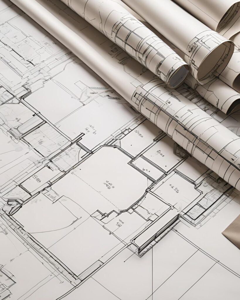 Plano de Engenharia - Duomo Marketing Planos de engenharia sobre uma mesa, simbolizando a criação de prompts de IA especializados para otimização de processos e automação, promovido pela Duomo Marketing como uma das suas Soluções Empresariais.