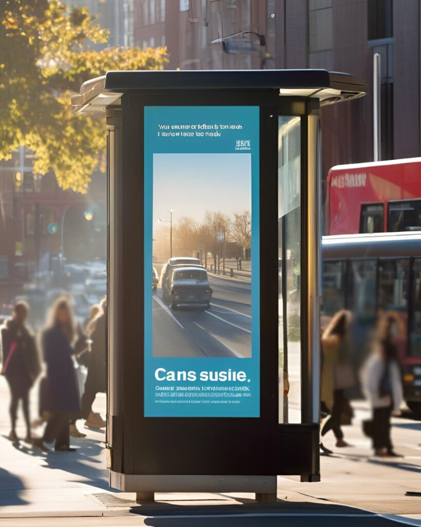 Ponto de ônibus com anuncio - Duomo Marketing Anúncio em ponto de ônibus, simbolizando a internacionalização de plataformas e a adaptação de estratégias de marketing a diferentes regiões, promovido pela Duomo Marketing.